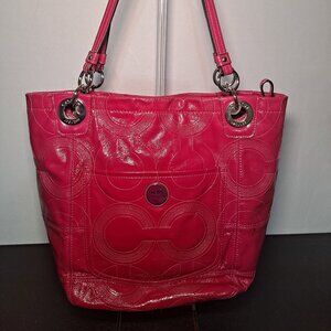 COACH Alex OP Signature Stitch Patent Leather Duffle Tote Pink Coral 14265